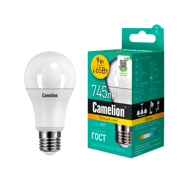 Лампа светодиодная Camelion A65 E27 9W 3000К 170-265V груша матовая (1/10/100)