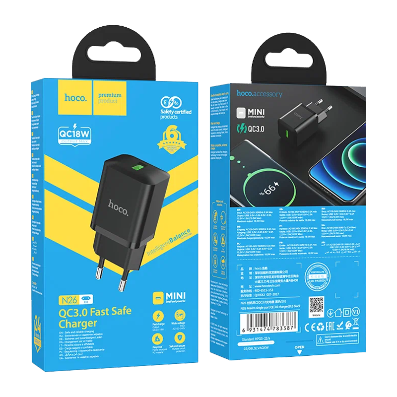 Сетевое З/У HOCO N26 1USB 18W QC3.0 черный (1/13/130)