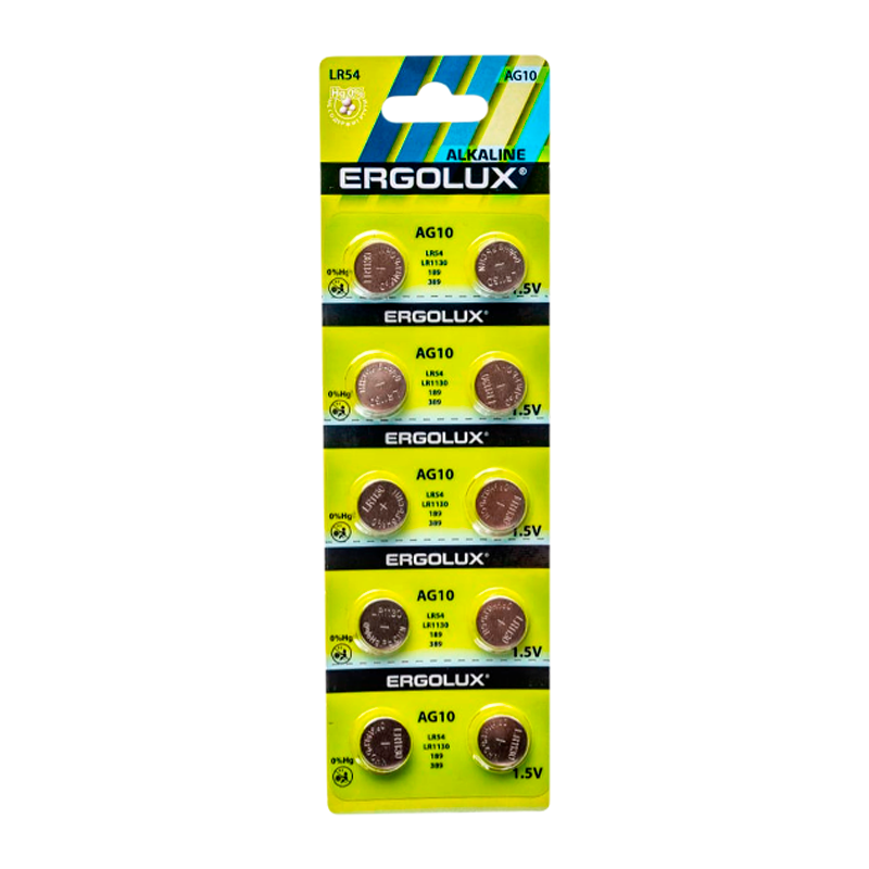 Батарейка Ergolux G10/LR1130/LR54/389A/189 BL10 Alkaline 1.5V (10/100/2000)