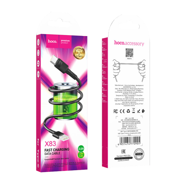 Кабель HOCO X83 USB (m)-Type-C (m) 1.0м 3.0A ПВХ черный (1/33/330)
