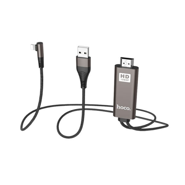 Кабель HOCO UA14 USB (m)-Lightning/HDMI (m) 2.0м 2.0A нейлон черный (1/82)