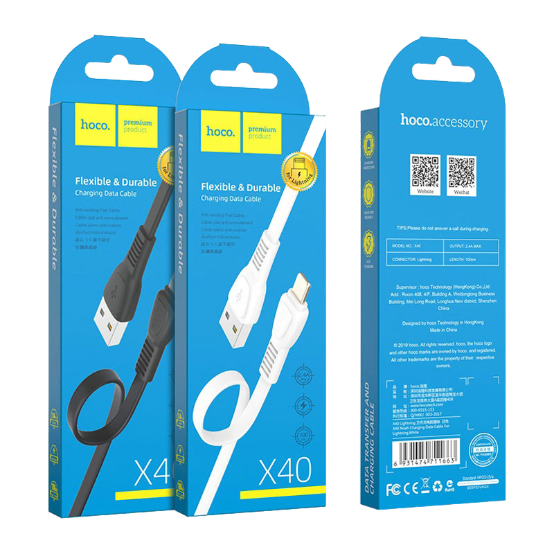 Кабель HOCO X40 USB (m)-Lightning (m) 1.0м 2.4A TPE черный (1/33/330)