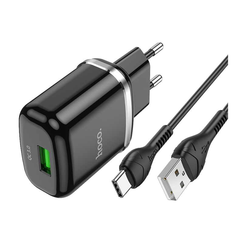 Сетевое З/У HOCO N3 1USB 3.0A 18W QC3.0 с кабелем Type-C черный (1/12/120)