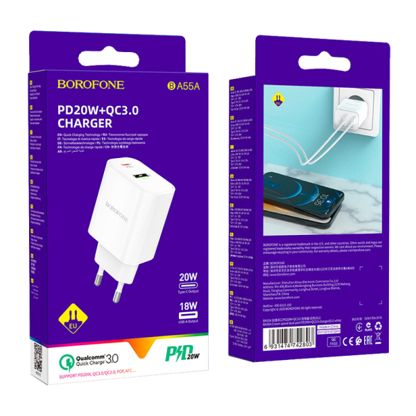 Сетевое З/У Borofone BA55A 1USB/Type-C 20W QC3.0 белый (1/35/140)