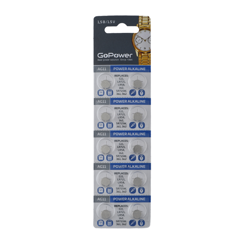Батарейка GoPower G11/LR721/LR58/362A/162 BL10 Alkaline 1.55V (10/1000/3600)