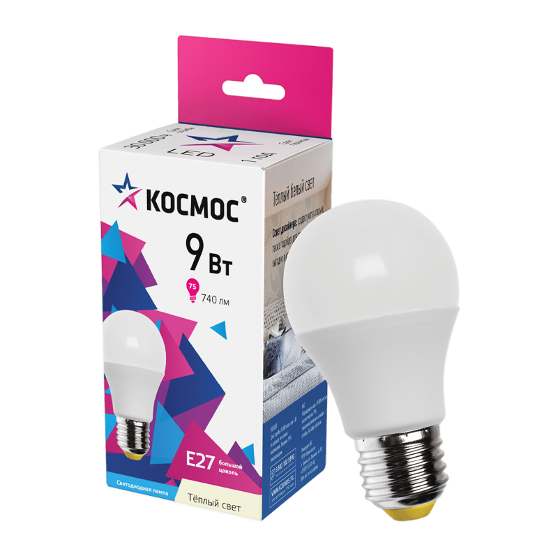 *Лампа светодиодная Космос A55 E27 9W 3000К 200-240V груша матовая (1/10/100) 