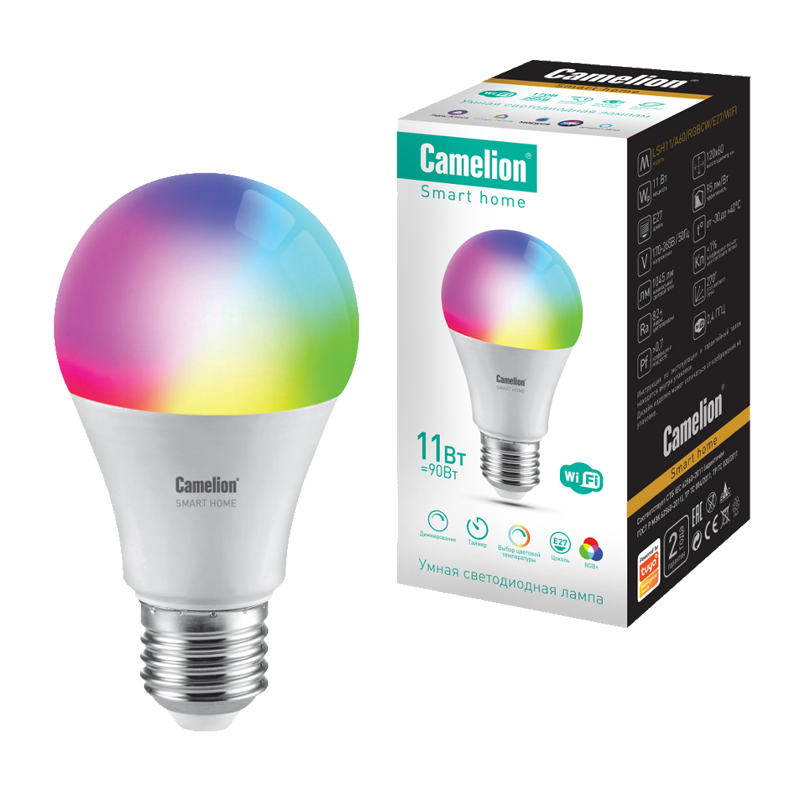 Лампа светодиодная Camelion A60 E27 11W 220V груша Smart Home RGB+WiFi (1/10/100)