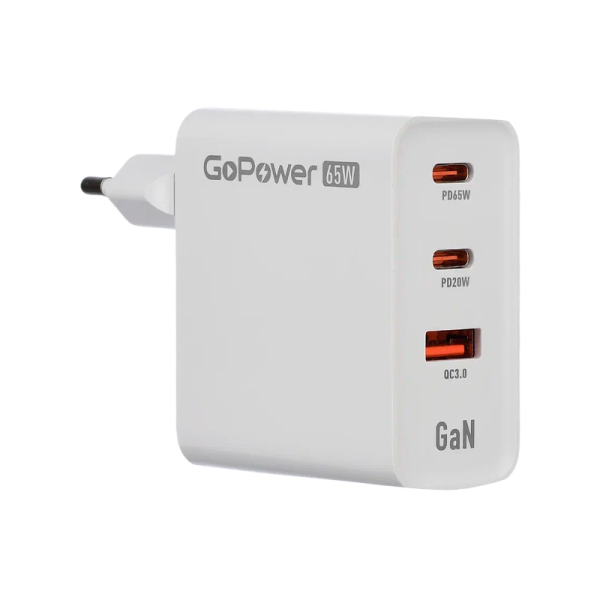 Сетевое З/У GoPower GPQC10 1USB+2Type-C 65W QC3.0 GaN белый
