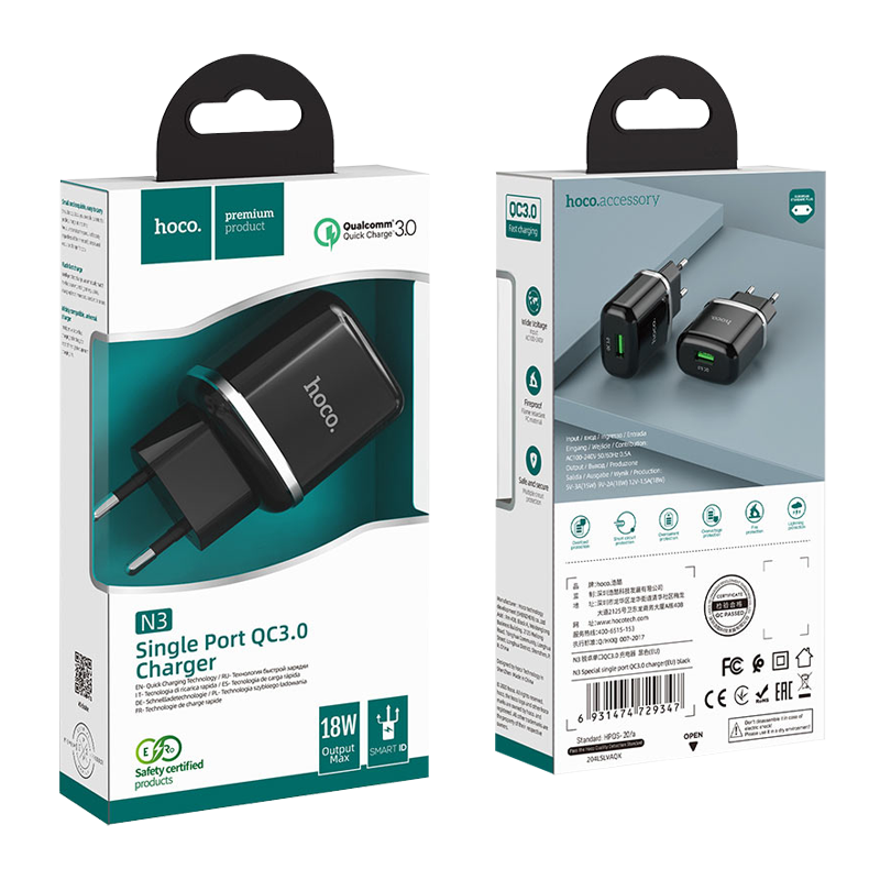 Сетевое З/У HOCO N3 1USB 3.0A 18W QC3.0 черный (1/12/120)