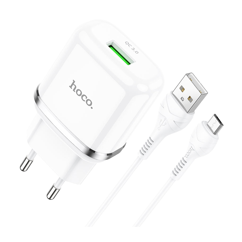 Сетевое З/У HOCO N3 1USB 3.0A 18W QC3.0 с кабелем microUSB белый (1/12/120)