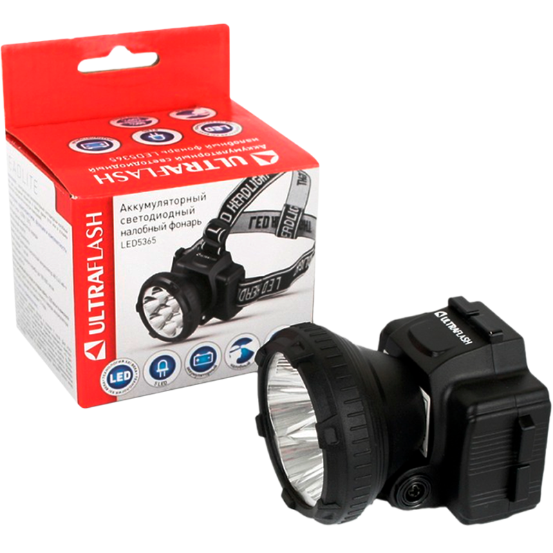 Фонарь налобный Ultraflash LED5365 0.6W 5LED от аккумулятора 2 режима черный (1/5/100)