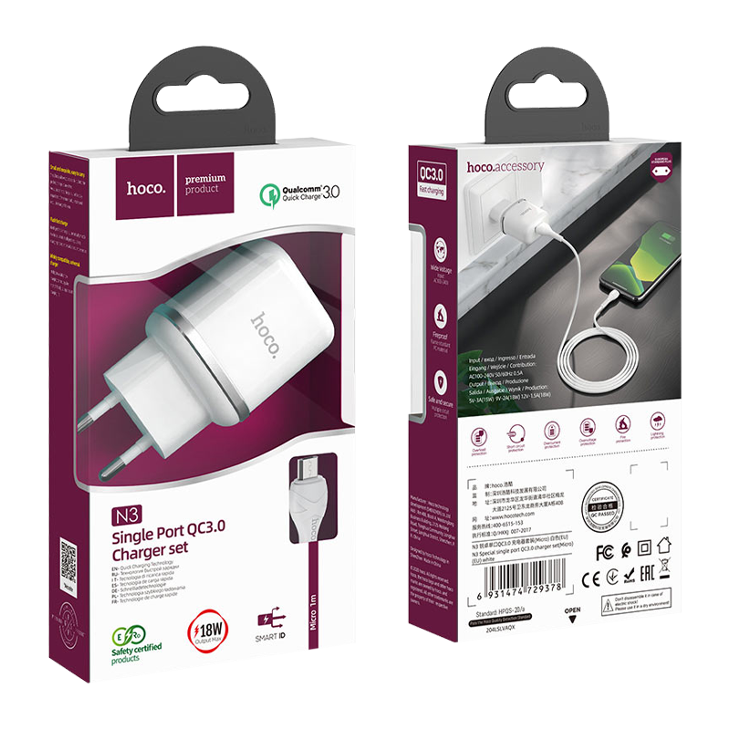 Сетевое З/У HOCO N3 1USB 3.0A 18W QC3.0 с кабелем microUSB белый (1/12/120)