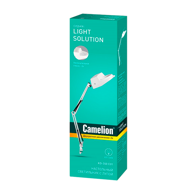 Светильник настольный Camelion KD-350 60W 230V E27 струбцина ув. линза белый (1/12)