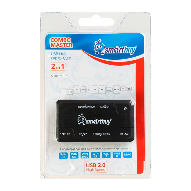 Картридер Smartbuy 750 USB2.0 SD/microSD/MS/M2 Combo с USB хабами черный (1/5)