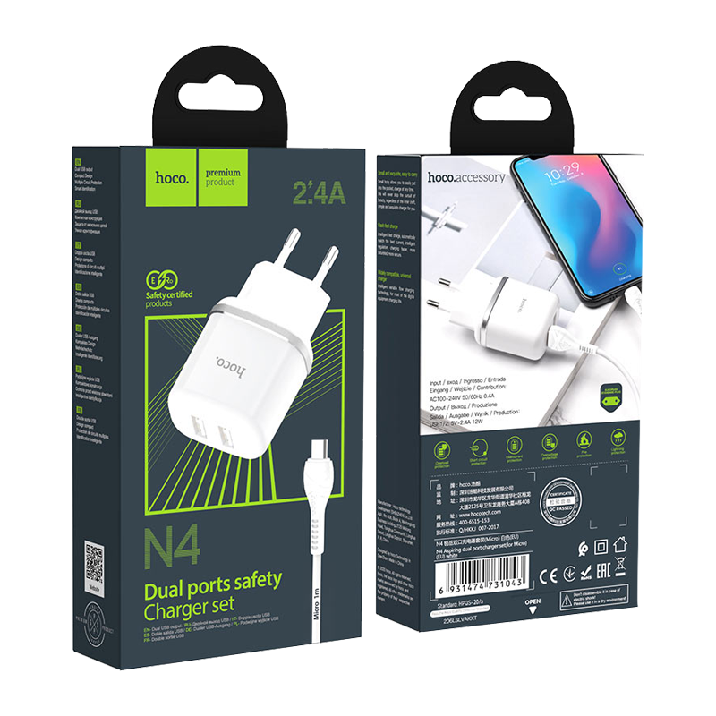 Сетевое З/У HOCO N4 2USB 2.4A с кабелем microUSB белый (1/12/120)