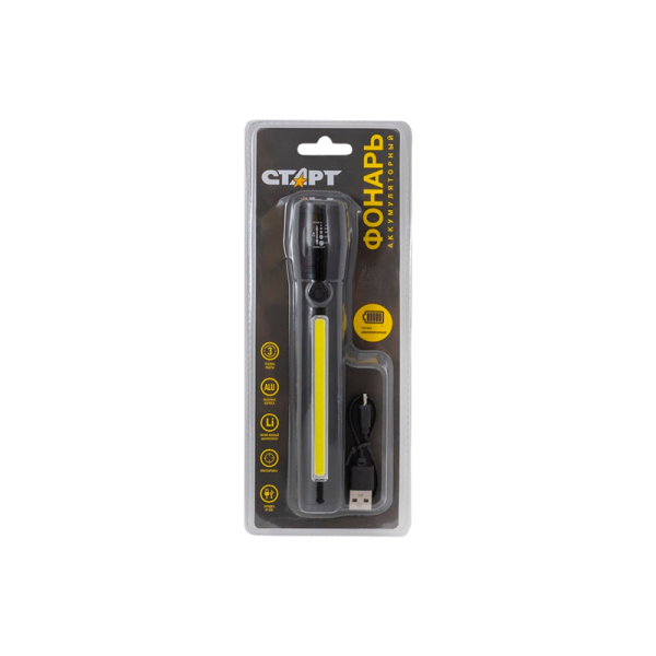 Фонарь светодиодный Старт LHE 519-C1 LED от аккумулятора USB 3 режима+ZOOM черный