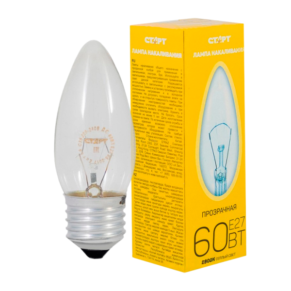 Лампа накаливания Старт E27 60W 230V свеча ДС прозрачная (1/10/100)