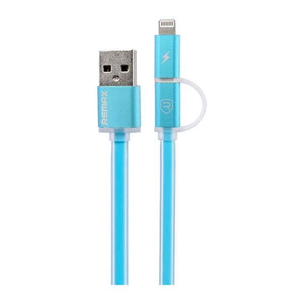 USB Кабель REMAX Aurora 2in1 (Micro-Iphone 5/6/7/SE) (1M, 2.1A) RC-020t Голубой