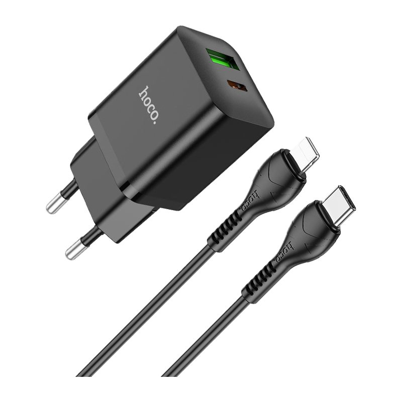 Сетевое З/У HOCO N28 1USB/Type-C 20W с кабелем Type-C-Lightning черный (1/13/130)