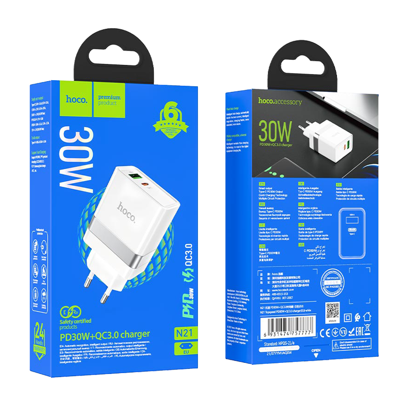 Сетевое З/У HOCO N21 1USB/Type-C 30W PD3.0 белый (1/12/120)