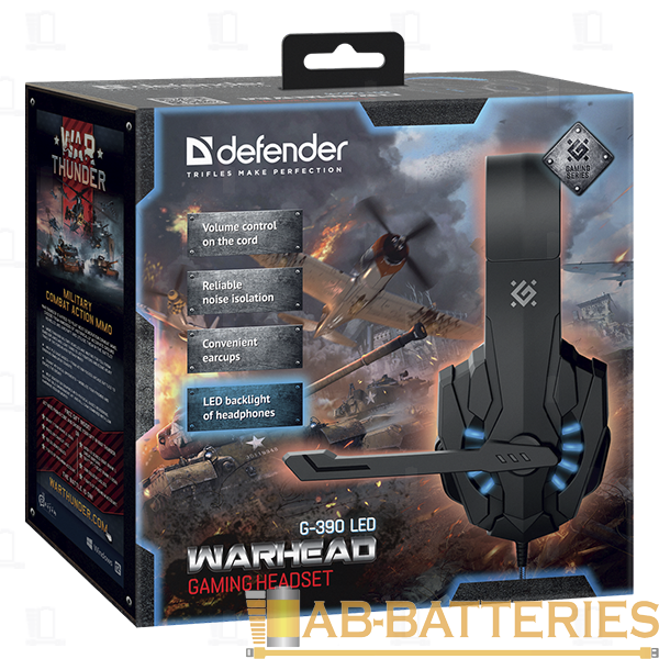 Наушники полноразмерные Defender G-390 Warhead с микр. игровые LED черный синий (1/20)