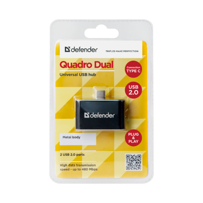 Переходник Defender Quadro Dual Type-C (m)-2xUSB (f) пластик черный (1/100)