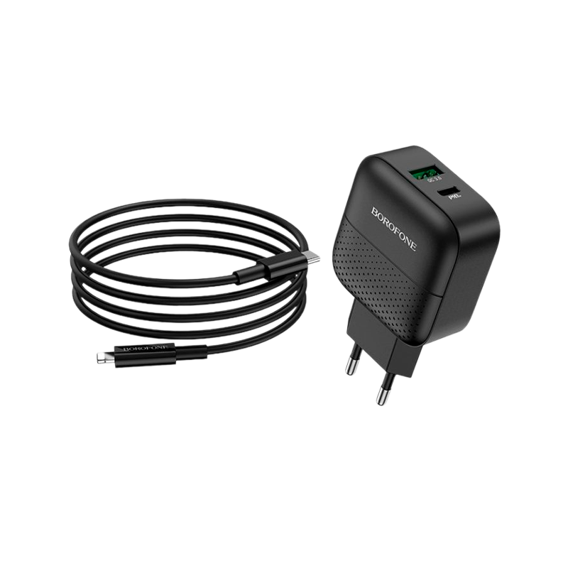 Сетевое З/У Borofone BA46A 1USB/Type-C 3.0A 18W QC3.0 с кабелем Type-C-Lightning черный (1/32/128)