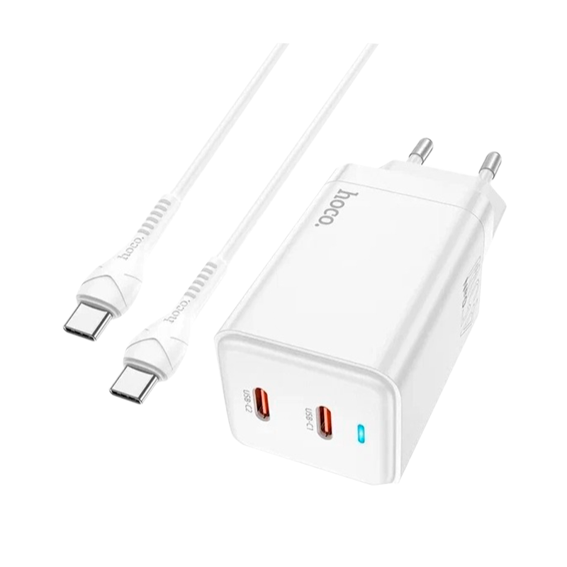 Сетевое З/У HOCO N23 2Type-C 45W PD3.0 с кабелем Type-C-Lightning белый (1/11/110)