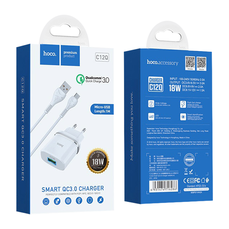 Сетевое З/У HOCO C12Q 1USB 3.0A QC3.0 с кабелем microUSB белый (1/10/100)