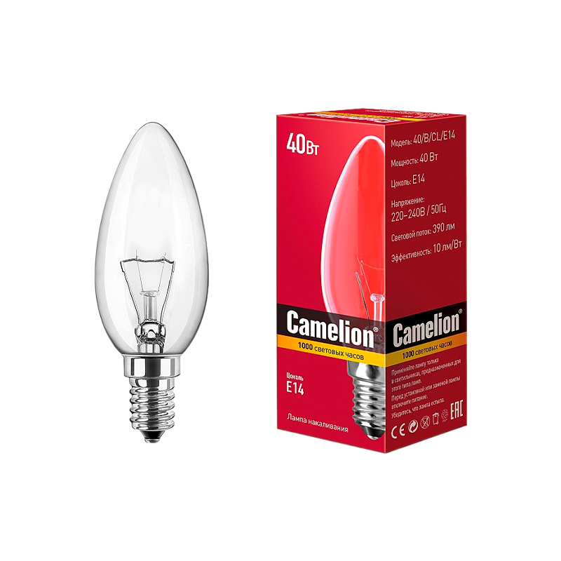 Лампа накаливания Camelion E14 40W 220V свеча прозрачная (1/100)