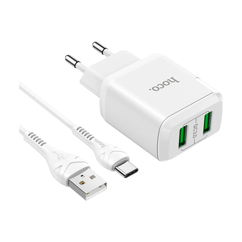 Сетевое З/У HOCO N6 2USB 3.0A QC3.0 с кабелем Type-C белый (1/12/120)