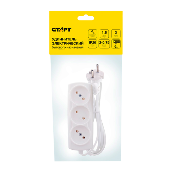 Удлинитель Старт 3р.Б/З 6A 1.5м ШВВП 2x0.75мм² белый (1/15)