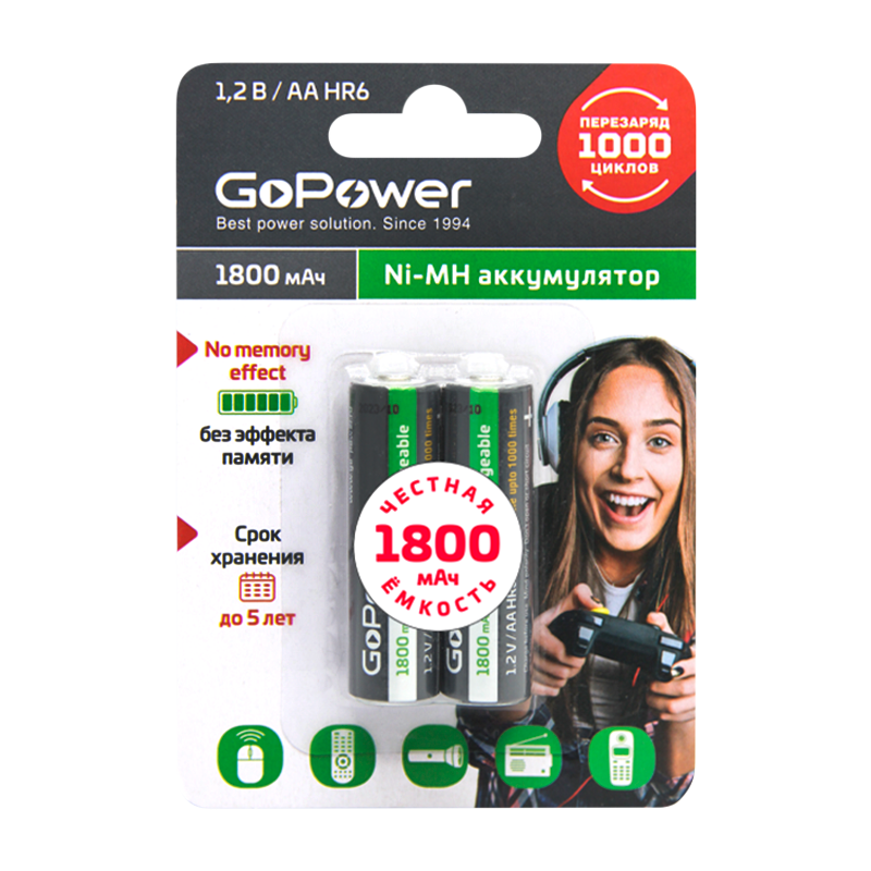 Аккумулятор бытовой GoPower HR6 AA BL2 NI-MH 1800mAh (2/20/240)