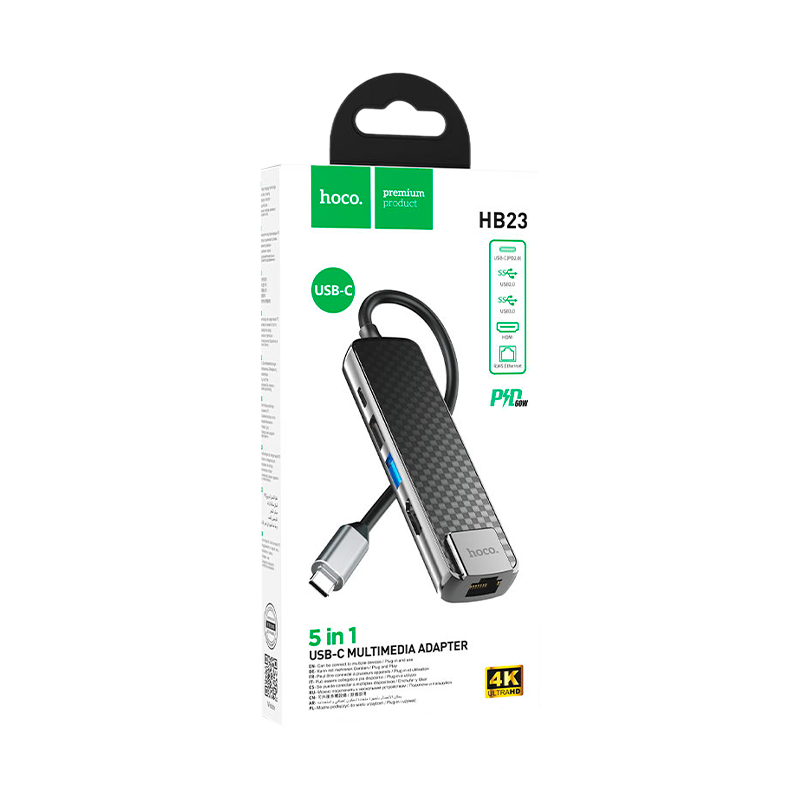 USB-Хаб HOCO HB23 2USB/Type-C/HDMI/RJ45 Type-C (m) USB3.0 серый (1/18/180)