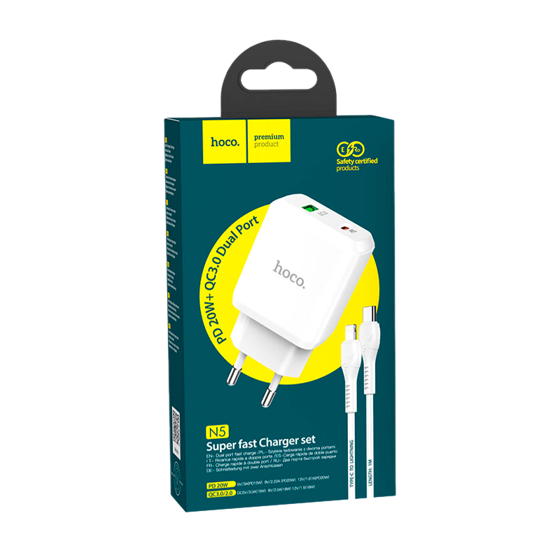 Сетевое З/У HOCO N5 1USB/Type-C 3.0A 20W PD3.0 с кабелем Type-C-Lightning белый (1/12/120)