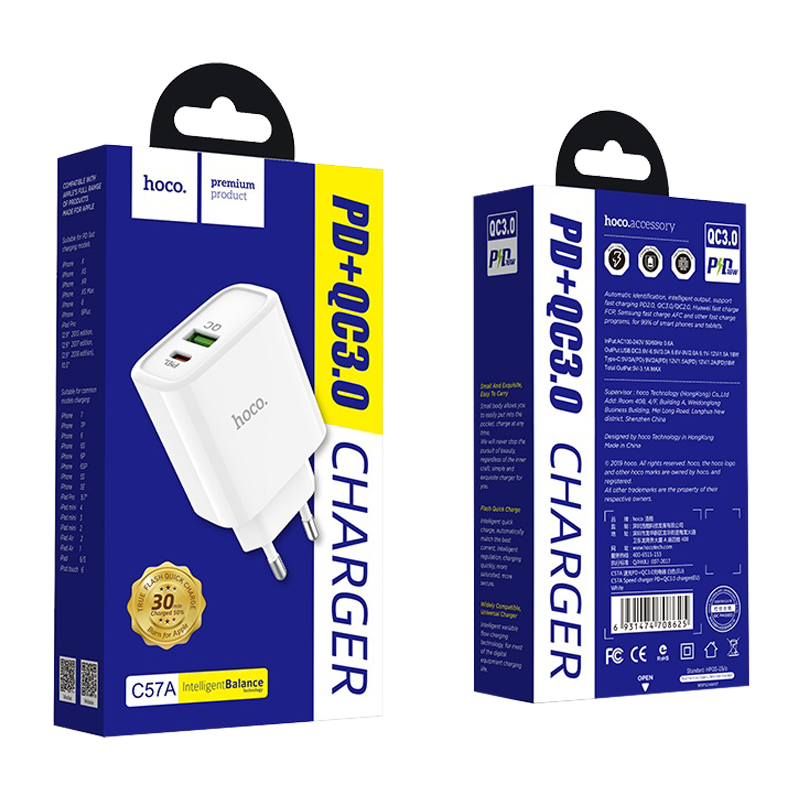 Сетевое З/У HOCO C57A 1USB/Type-C 3.0A QC3.0 белый (1/12/120)