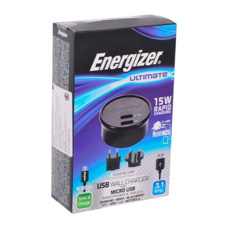 Сетевое З/У Energizer Ultimate 2USB 3.1A с кабелем microUSB черный