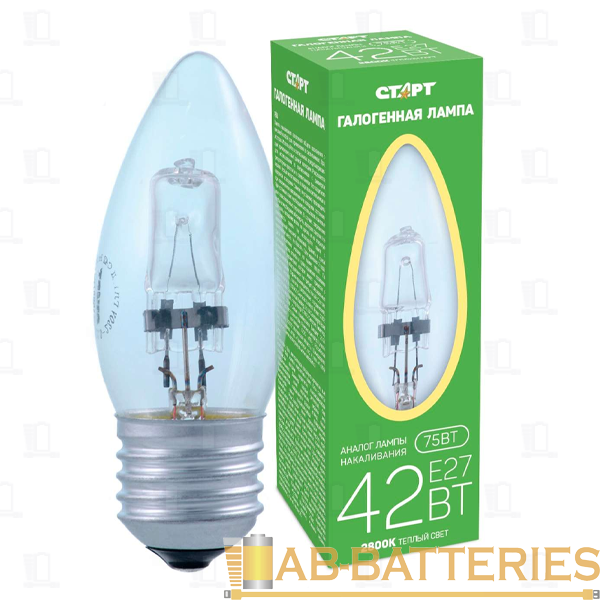 Лампа галогенная Старт E27 42W 2800К 220-230V свеча прозрачная