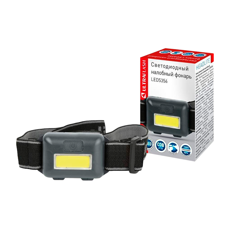 Фонарь налобный Ultraflash LED5356 0,95W COB от батареек IPX4 3 режима черный (1/40/560)