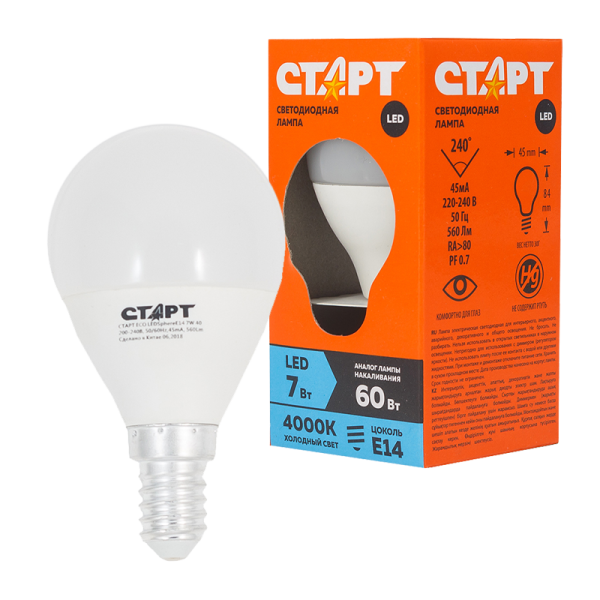 Лампа светодиодная Старт Sphere E14 7W 4000К 220V шар Eco матовая (1/10/100)