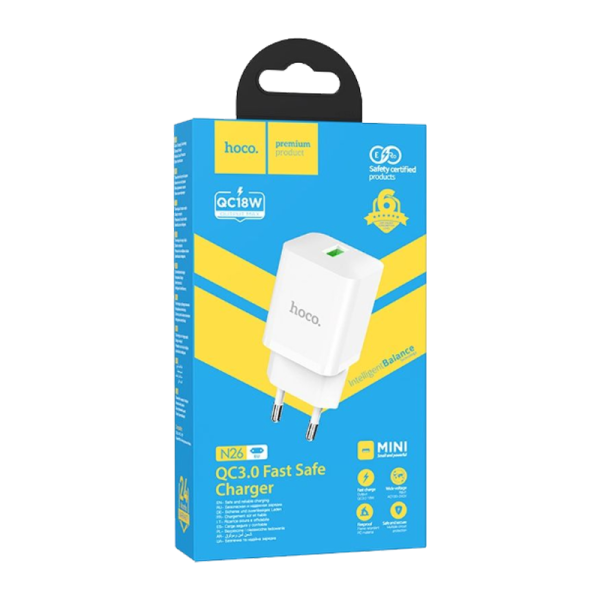 Сетевое З/У HOCO N26 1USB 18W QC3.0 белый (1/13/130)