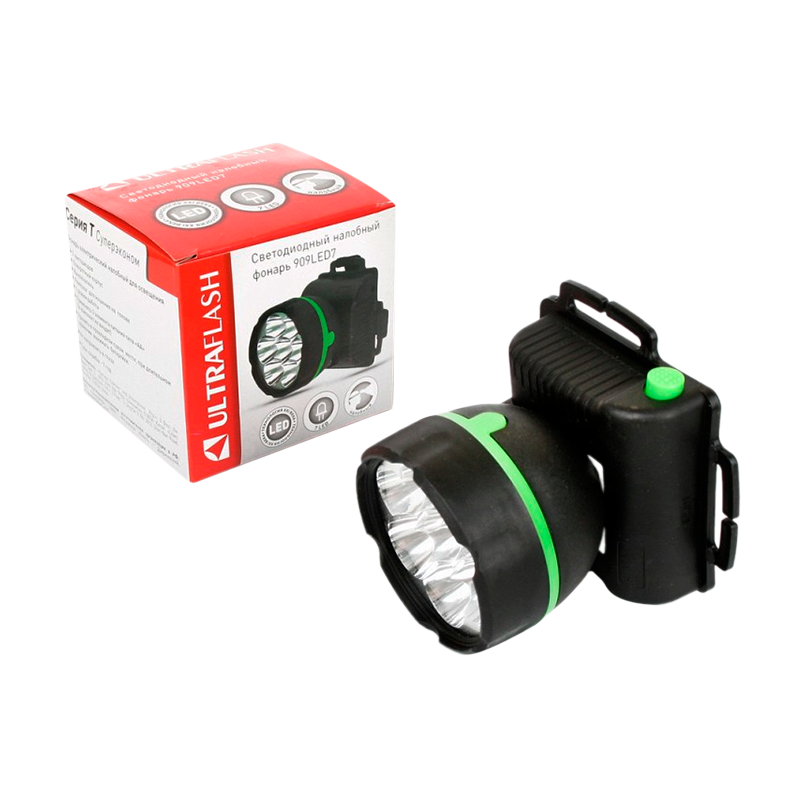 Фонарь налобный Ultraflash 909 1.7W 7LED от батареек черный (1/100)