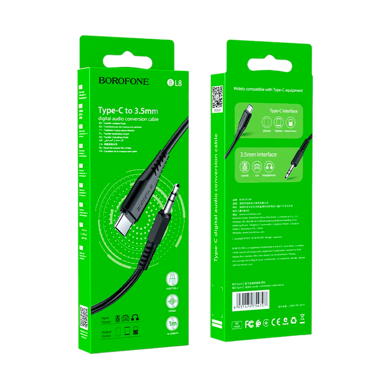 Кабель AUX Borofone BL18 Jack 3.5mm (m)-Type-C (m) 1.0м силикон черный (1/63/252)