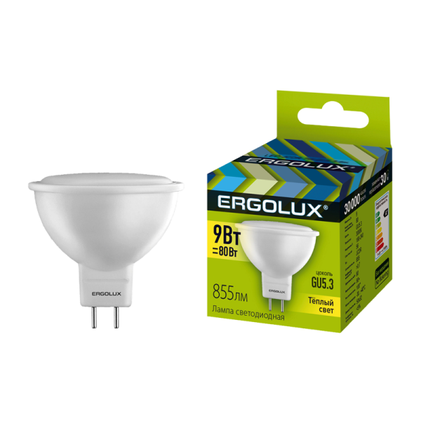 Лампа светодиодная Ergolux JCDR GU5.3 9W 3000К 172-265V софит (1/10/100)