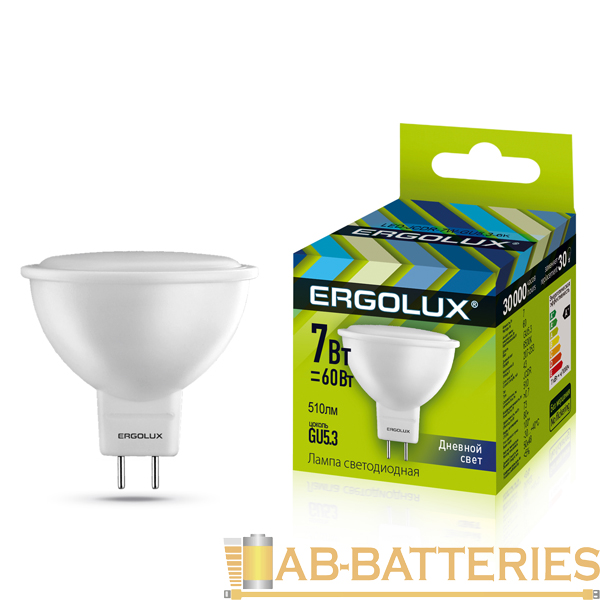 Лампа светодиодная Ergolux JCDR GU5.3 7W 6500К 172-265V софит (1/10/100)