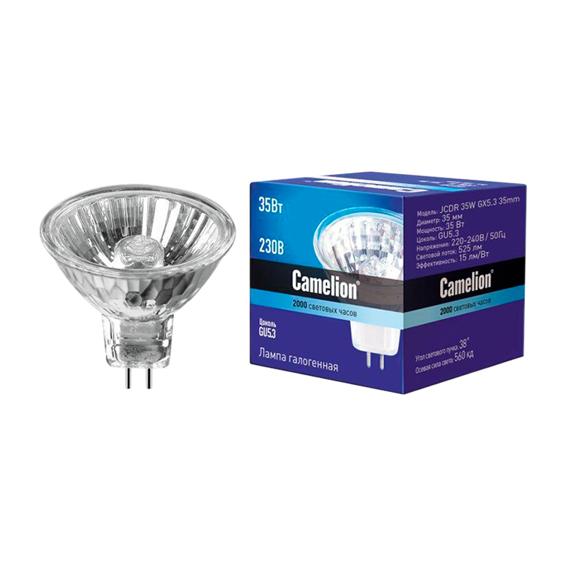 Лампа галогенная Camelion MR16 GU5.3 35W 2800К 220-240V софит 35мм прозрачная (1/10/200)