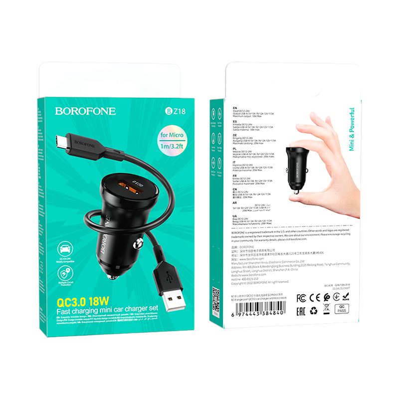 Сетевое З/У Borofone BZ18 1USB 2.1A 18W QC3.0 с кабелем microUSB черный (1/48/192)