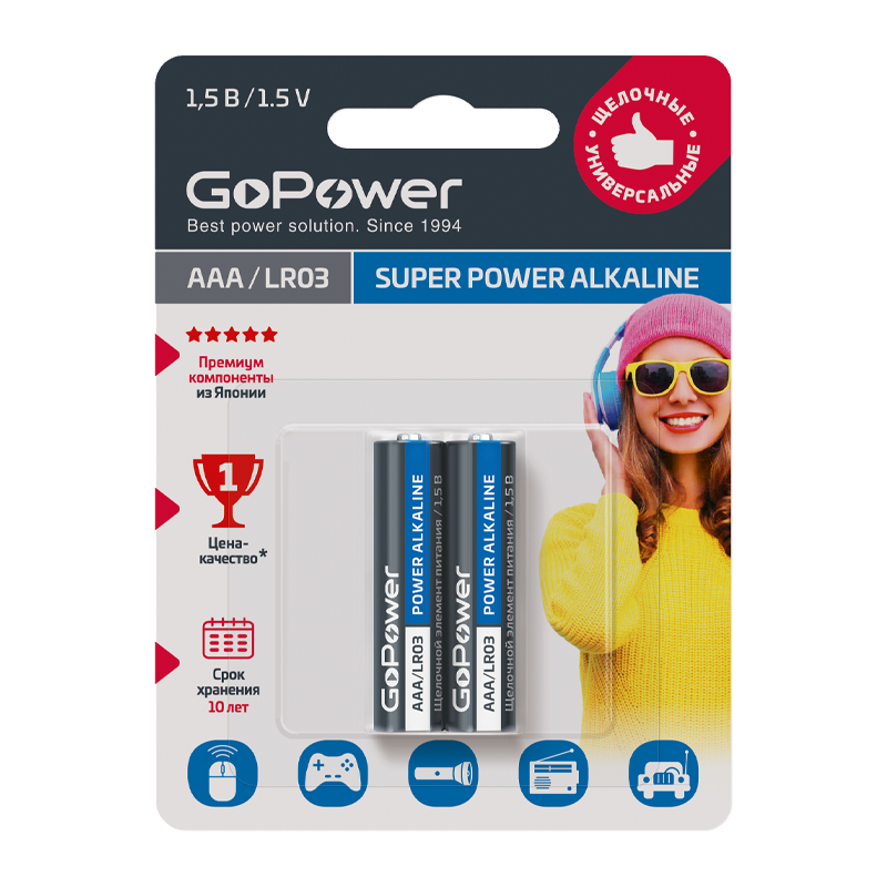 Батарейка GoPower LR03 AAA BL2 Alkaline 1.5V (2/24/480)