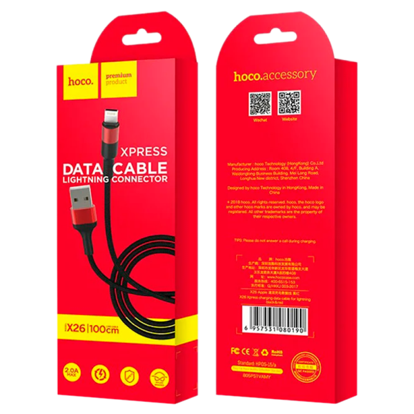 Кабель HOCO X26 USB (m)-Lightning (m) 1.0м 2.0A нейлон черный красный (1/30/300)