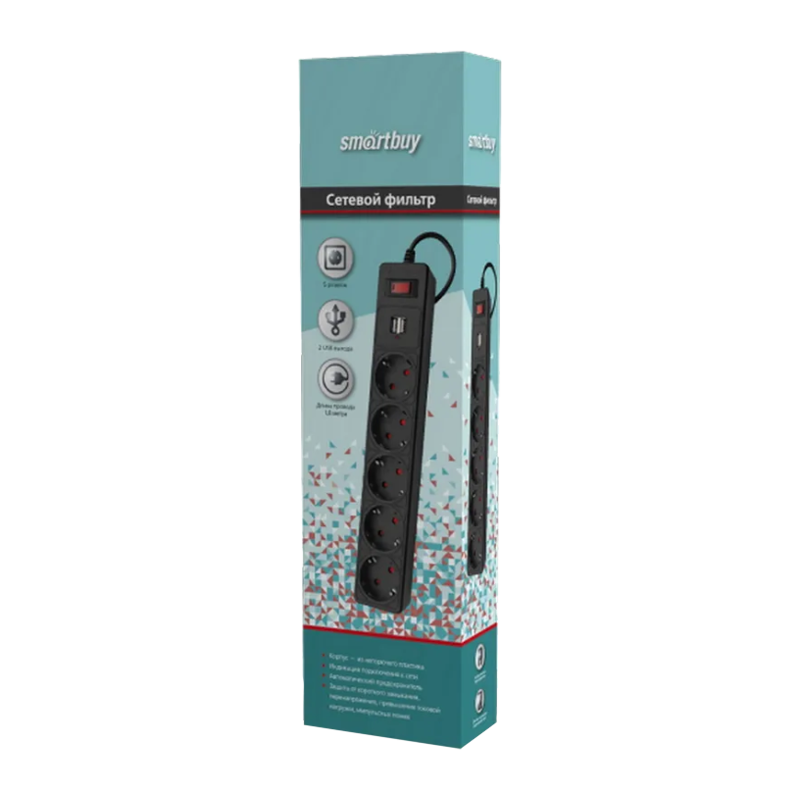 Сетевой фильтр Smartbuy 5р.С/З 10A USB со шторкой 1.8м ПВС черный (1/45)